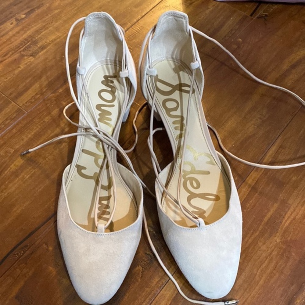 Sam Edelman Lace Up Wrap Heels Nude Suede Block Heel Pumps 8